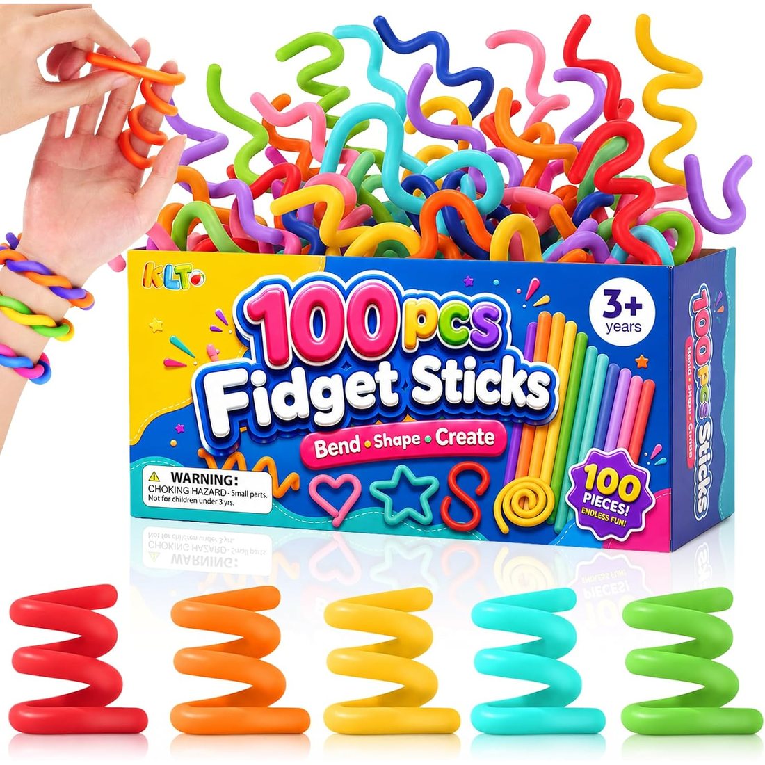 KLT Bendable Silicone Fidget Sticks, 100 Pack
