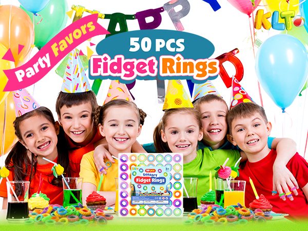 Kids at a birthday party with a 50 piece box of KLT fidget rings