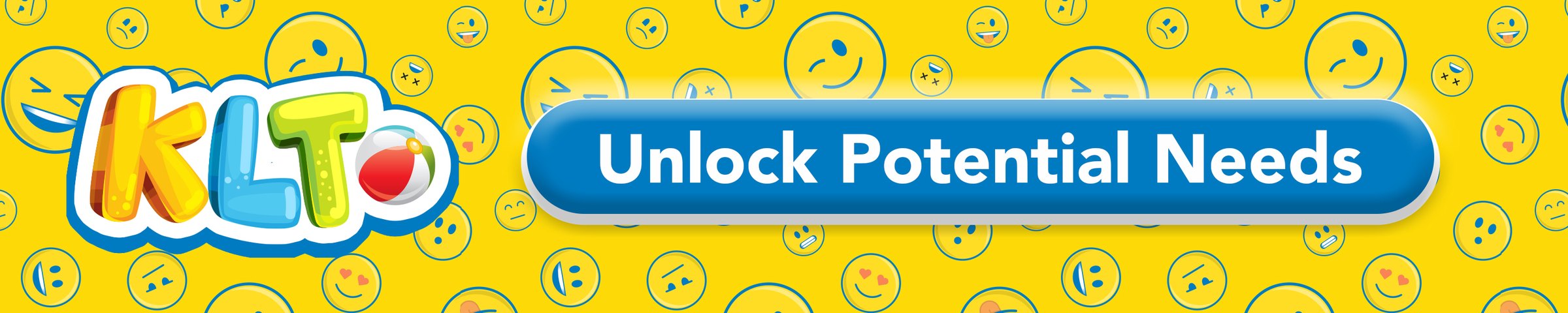 KLT logo with the line Unlock Potential Needs on a yellow smiley pattern
