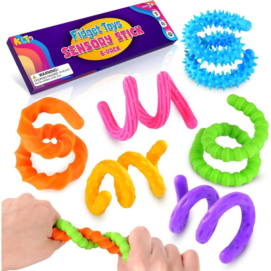 KLT Textured Silicone Fidget Sticks, 6 Pack
